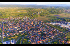 View of the town beyond the railway line from the northwest in Ringsheim in the state Baden-Wuerttemberg, Germany