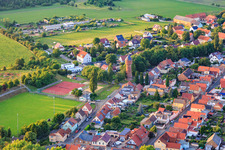 Sports field and historic water tower in the district Frose in Seeland in the state Saxony-Anhalt, Germany