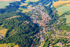 Aerial view of View of the town from the north with castle Mansfeld in Mansfeld in the state Saxony-Anhalt, Germany