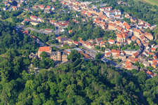 View of the town from the northeast with the town church of St. George in Mansfeld in the state Saxony-Anhalt, Germany