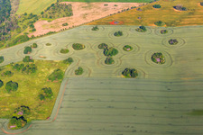 Aerial view of Ice Age kameshügel form uncultivable gaps in the fields in the district Arnstedt in Arnstein in the state Saxony-Anhalt, Germany