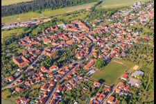 View of the town from the east with the SV 56 sports facility Timmenrode in the district Timmenrode in Blankenburg in the state Saxony-Anhalt, Germany