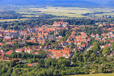 Aerial view of City view from the northeast with the cathedral and collegiate church of St. Servatius in Quedlinburg in the state Saxony-Anhalt, Germany
