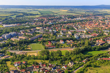Fichtenstraße with football pitch at the vocational school in Quedlinburg in the state Saxony-Anhalt, Germany