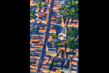 Aerial view of Catholic Church of St. Nicholas and Protestant Church Bellheim on Hauptstr in Bellheim in the state Rhineland-Palatinate, Germany