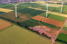 Aerial view of Repowering of the Minfeld wind farm. JUWI is replacing four older turbines (GE 1.5) from 2004 with two new, modern Vestas V162 turbines, each with a capacity of six megawatts. in Kandel in the state Rhineland-Palatinate, Germany