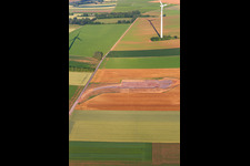 Aerial view of Repowering Wind Farm Minfeld. JUWI replaces four old turbines (GE 1.5) from 2004 with two new, modern Vestas V162 turbines, each with six megawatts. in Minfeld in the state Rhineland-Palatinate, Germany