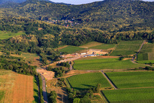 Construction site of the eastern tunnel portal for the Astrid Tunnel for the underpass and bypass of Bad Bergzabern between B38 (Weinstraße) and B427 (Kurtalstraße) in Dörrenbach in the state Rhineland-Palatinate, Germany viewn from the air