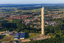 Aerial view of TK Elevator Test Tower: Elevator test tower with twisted facade membrane, 12 elevator shafts and observation deck with in Rottweil in the state Baden-Wuerttemberg, Germany