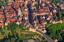 Aerial view of Historic old town from the east with main street and chapel church in Rottweil in the state Baden-Wuerttemberg, Germany