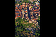 Aerial photograpy of Historic old town from the east with main street and chapel church in Rottweil in the state Baden-Wuerttemberg, Germany