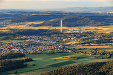 Overview of the site from the west with the elevator test tower in the background in Zimmern ob Rottweil in the state Baden-Wuerttemberg, Germany