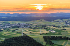 Sunset over the Black Forest with wind turbines in the district Waldmössingen in Schramberg in the state Baden-Wuerttemberg, Germany