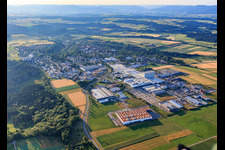 View from the west of the Maybachstraße industrial estate with Flexco Europe GmbH, euroTECH Handling GmbH, chefbeschlag GmbH, MAFU Group, and Blickle Räder+Rollen GmbH u. Co. KG in the district Bickelsberg in Rosenfeld in the state Baden-Wuerttemberg, Germany