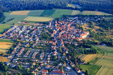 Aerial view of Historic town centre from the south with St. Markus Church, monastery and primary school in the district Binsdorf in Geislingen in the state Baden-Wuerttemberg, Germany