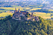 Oblique view of Hohenzollern Castle from the south in the district Zimmern in Bisingen in the state Baden-Wuerttemberg, Germany