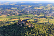 Hohenzollern Castle from the south in the district Zimmern in Bisingen in the state Baden-Wuerttemberg, Germany from above