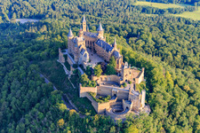 Aerial photograpy of Hohenzollern Castle from the southeast in the district Zimmern in Bisingen in the state Baden-Wuerttemberg, Germany