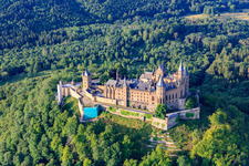 Aerial view of Hohenzollern Castle from the north in the district Boll in Hechingen in the state Baden-Wuerttemberg, Germany