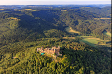 Aerial photograpy of Hohenzollern Castle from the north in the district Boll in Hechingen in the state Baden-Wuerttemberg, Germany