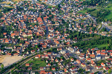 View of the town from the north with Hohenzollernhalle and St. Nicholas Church in the district Steinhofen in Bisingen in the state Baden-Wuerttemberg, Germany