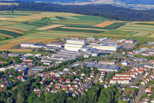 Aerial view of Maybachstraße industrial park with Sülzle Stahlpartner GmbH, Flexco Europe GmbH, euroTECH Handling GmbH, chefbeschlag GmbH, MAFU Group, and Blickle Räder+Rollen GmbH u. Co. KG in Rosenfeld in the state Baden-Wuerttemberg, Germany