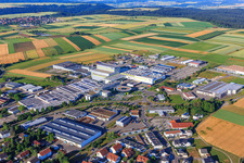 Aerial photograpy of Maybachstraße industrial park with Sülzle Stahlpartner GmbH, Flexco Europe GmbH, euroTECH Handling GmbH, chefbeschlag GmbH, MAFU Group, and Blickle Räder+Rollen GmbH u. Co. KG in Rosenfeld in the state Baden-Wuerttemberg, Germany