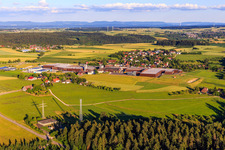 Village view from the north with GFV Verschlusstechnik GmbH & Co. KG, SAIER Verpackungstechnik GmbH & Co. KG and SAIER Group in the district Peterzell in Alpirsbach in the state Baden-Wuerttemberg, Germany
