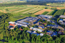 Aerial view of Oberwiesachstraße industrial area with ROHE Technology GmbH, Pewe Weidlich GmbH, SuperAlloy Manufaktur GmbH and Dobergo GmbH & Co. KG in the district Betzweiler in Loßburg in the state Baden-Wuerttemberg, Germany