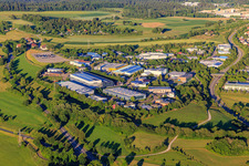 Industrial area Lise-Meitner-Straße with Sülzle Stahlpartner GmbH, printing company ITW Morlock GmbH, and Schwarz Systems GmbH location 02 in Dornstetten in the state Baden-Wuerttemberg, Germany