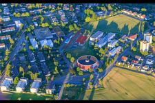 Aerial view of Round Hohenberghalle, Bishop Sproll Nursing Home and Bishop Sproll Nursing Home in Horb am Neckar in the state Baden-Wuerttemberg, Germany