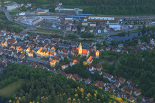 Aerial photograpy of Old town with Marktstraße, Hohenberg Castle and Holy Cross Collegiate Church in Horb am Neckar in the state Baden-Wuerttemberg, Germany