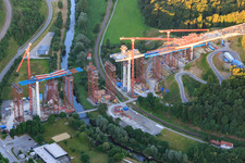 Construction site of the Neckartal High Bridge Horb am Neckar for crossing the Neckar for the B32 / B28 in the district Nordstetten in Horb am Neckar in the state Baden-Wuerttemberg, Germany from above