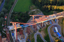 Construction site of the Neckartal High Bridge Horb am Neckar for crossing the Neckar for the B32 / B28 in the district Nordstetten in Horb am Neckar in the state Baden-Wuerttemberg, Germany seen from above