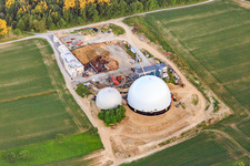 Aerial view of Biogas reactors and PV roofs in Sulz am Neckar in the state Baden-Wuerttemberg, Germany
