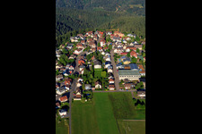 Aerial view of View of the town from the east with Josef Merz Hall in the district Vorderaichhalden in Aichhalden in the state Baden-Wuerttemberg, Germany