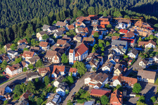 View of the town from the east with St. Michael's Church in the district Vorderaichhalden in Aichhalden in the state Baden-Wuerttemberg, Germany