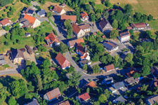 Aerial view of Rathausgasse with half-timbered town hall and church of St. Leodegar in the district Stetten in Zimmern ob Rottweil in the state Baden-Wuerttemberg, Germany