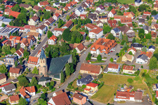 Aerial photograpy of Town center with St. Martinus Church, Wehle sports hall and Volksbank Schwarzwald-Donau-Neckar eG in Dunningen in the state Baden-Wuerttemberg, Germany