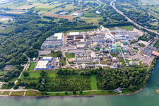 Maxauer Papierfabrik GmbH on the banks of the Rhine from the west in the district Knielingen in Karlsruhe in the state Baden-Wuerttemberg, Germany