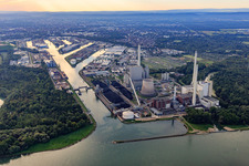 Rhine port steam power plant Karlsruhe and Rhine ports in the morning from the west in the district Daxlanden in Karlsruhe in the state Baden-Wuerttemberg, Germany