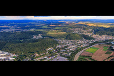 City panorama on the banks of the Saar from the northwest in Merzig in the state Saarland, Germany