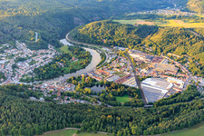 Aerial view of Museum Villeroy & Boch World, Villeroy & Boch Outlet Mettlach and Villeroy & Boch AG Sanitary Factory in Mettlach in the state Saarland, Germany