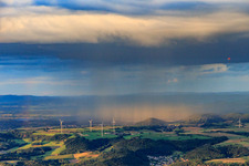 Wind farm Merchingen in front of a rain wall with rainbow in the district Merchingen in Merzig in the state Saarland, Germany