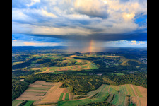 Wind farm Merchingen in front of a rain wall with rainbow in the district Merchingen in Merzig in the state Saarland, Germany from above