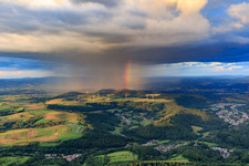 Wind farm Merchingen in front of a rain wall with rainbow in the district Merchingen in Merzig in the state Saarland, Germany out of the air