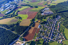 View from the northeast with Kaufland Hermeskeil and Globus hardware store in the Römerstr business park in the district Abtei in Hermeskeil in the state Rhineland-Palatinate, Germany