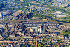 Aerial view of UNESCO World Heritage Site Völklinger Hütte behind Saarschmiede GmbH in Völklingen in the state Saarland, Germany
