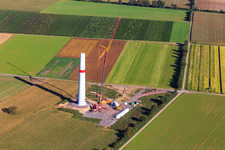 Repowering Wind Farm Minfeld. JUWI replaces four old turbines (GE 1.5) from 2004 with two new, modern Vestas V162 turbines, each with six megawatts. in Minfeld in the state Rhineland-Palatinate, Germany from the plane