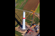 Bird's eye view of Repowering Wind Farm Minfeld. JUWI replaces four old turbines (GE 1.5) from 2004 with two new, modern Vestas V162 turbines, each with six megawatts. in Minfeld in the state Rhineland-Palatinate, Germany
